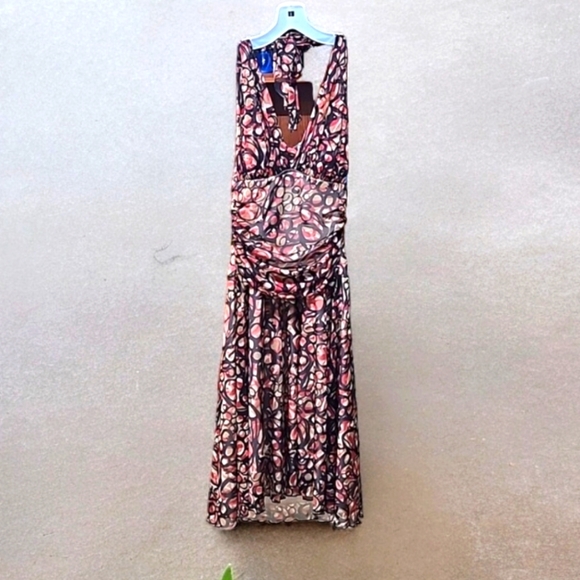 Studio Y, Sz Med, Halter, Dress,  Abstract, Red, Brown, Tan, Ruche, Hi/Lo Hem - Picture 1 of 16
